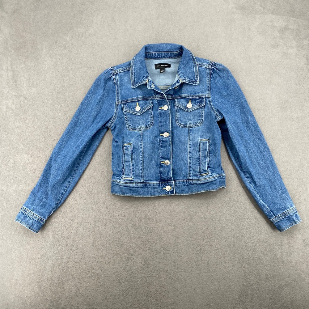 Free Assembly Womens Puff Shoulder Denim Trucker Jacket Medium Wash Blue XS